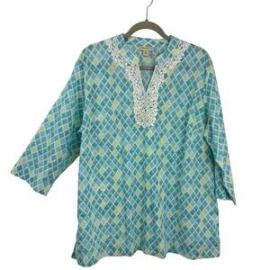 Appleseed's XL Blue Medallion Print Split Neck Tunic 3/4 Sleeve Resort